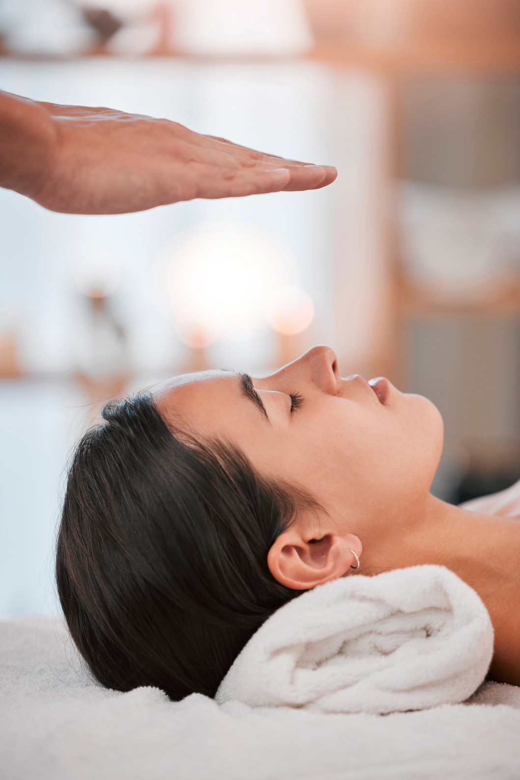 Reiki, Hand and Woman at a Spa for Relax, Reiki Healing and Energy Balance, Peace and Stress Relief for Wellness, Health and Mind. Reiki Healing, Massage and Hands of Alternative  for Chakra